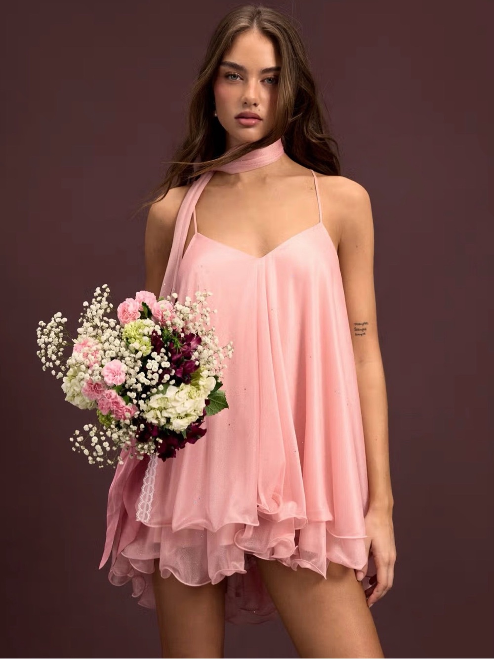 CIDER Light Pink V Neck Chiffon Ruffle Hem Flowy Mini Dress - Medium